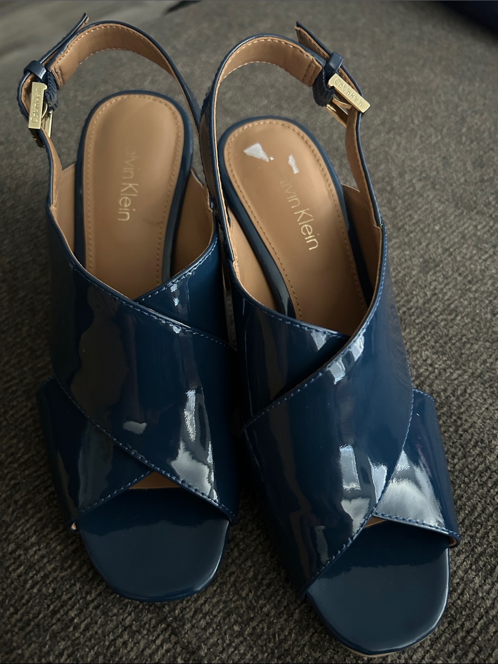 Calvin Klein Deep Blue Patent Crisscross Slingback Sandals